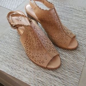 Miss Albright Tan Laser-Cut Peep-Toe Slingback Sandals